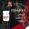 Frasco de Stenabolic SR-9009 Biotrex junto a hombre musculoso con mancuernas, suplemento SARMS para resistencia y fuerza.
