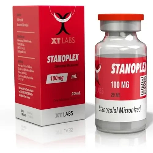 Frasco y caja de Stanoplex 100 mg 20 ml Stanozolol Micronized, suplemento para culturismo.