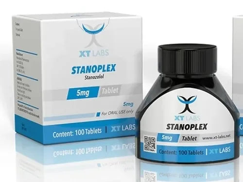 Envase y caja de tabletas Stanoplex 5mg para uso oral, suplemento deportivo, 100 tabletas.