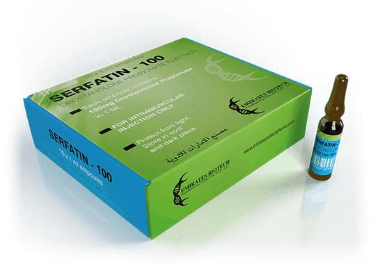Caja y ampolleta de Serfatin-100, suplemento para culturismo y alto rendimiento