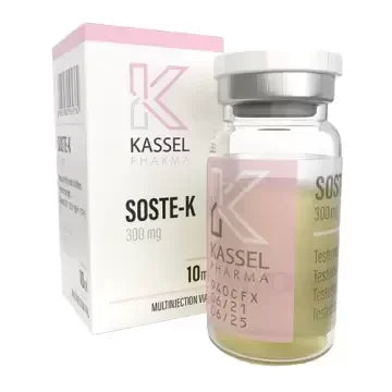 Frasco y caja de Soste-K Kassel Pharma 300 mg, suplemento inyectable para deportistas.