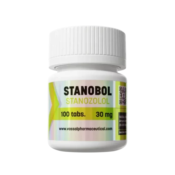 Bote de Stanobol Stanozolol 100 tabletas de 30 mg, suplemento para culturismo y fitness.