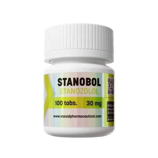 Bote de Stanobol Stanozolol 100 tabletas de 30 mg, suplemento para culturismo y fitness.