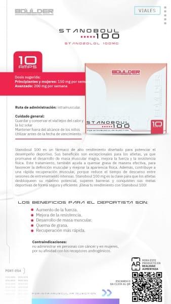 Folleto informativo de Stanoboul 100, viales de estanozol, suplemento para culturismo y fitness.