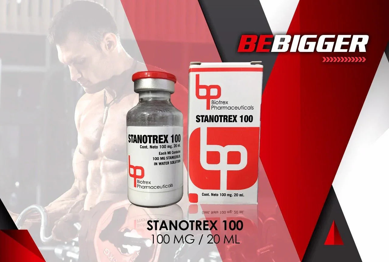 Frasco y caja de Stanotrex 100, suplemento inyectable para deportistas, sobre fondo fitness.