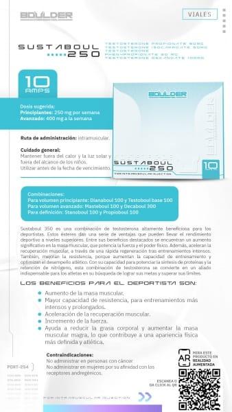 Folleto informativo de Sustaboul 250, vial inyectable para musculación, beneficios, dosis y advertencias.