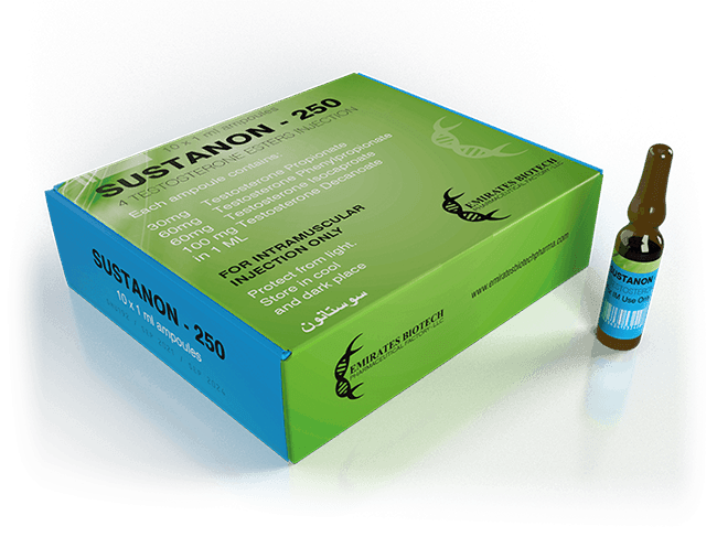 Caja y ampolleta de Sustanon 250, suplemento farmacológico para culturismo y alto rendimiento