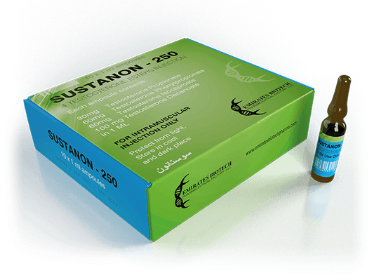 Caja y ampolleta de Sustanon 250, suplemento farmacológico para culturismo y alto rendimiento