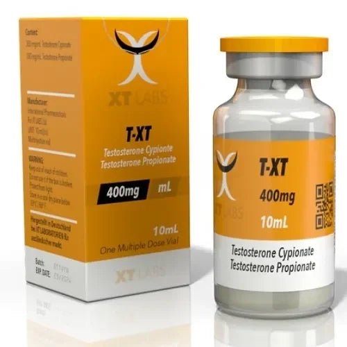 Frasco de 10 ml y caja de T-XT 400mg, testosterona para uso en fitness y culturismo.
