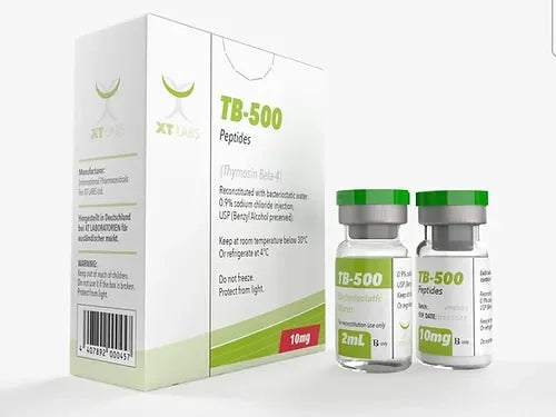 Viales y caja de TB-500 10mg péptidos XT Labs, suplemento para culturismo y fitness