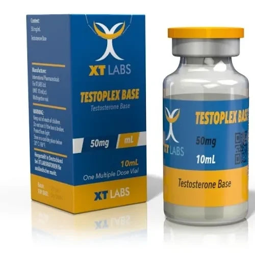 Frasco y caja de TESTOPLEX BASE 50mg 10ml para culturismo, suplemento farmacológico.