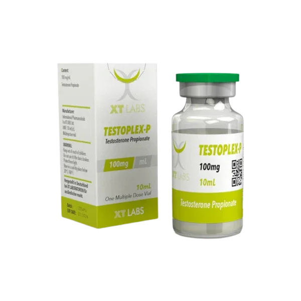 Frasco y caja de Testoplex-P 100mg 10ml con testosterona propionato para culturismo
