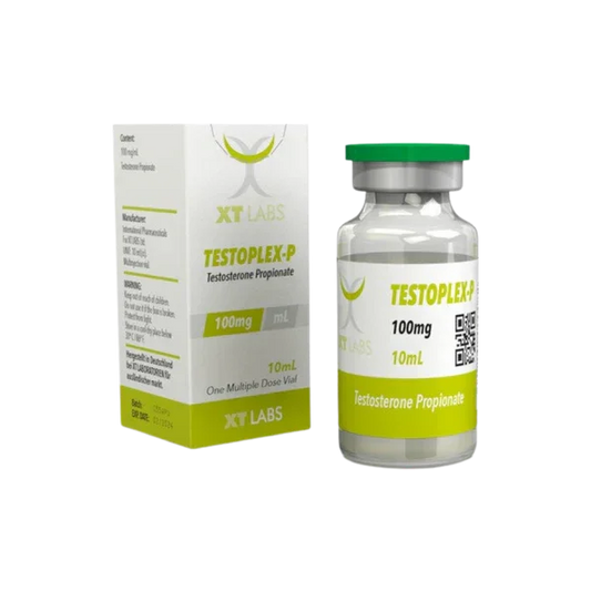 Frasco y caja de Testoplex-P 100mg 10ml con testosterona propionato para culturismo