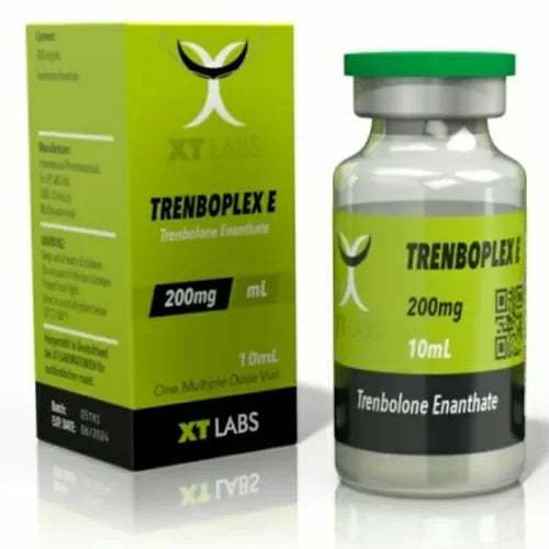 Frasco de Trenboplex E 200mg 10ml junto a su caja, suplemento para culturismo.