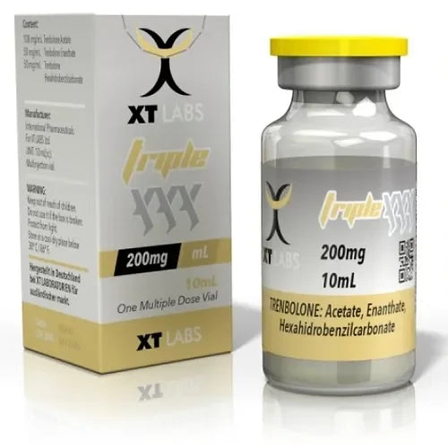 Frasco y caja de Triple XXX 200mg 10ml XT Labs, suplemento para culturismo y alto rendimiento