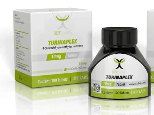 Caja y frasco de Turinaplex 10 mg XT Labs, suplemento para alto rendimiento deportivo, 100 tabletas.