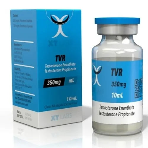 Frasco de 10ml y caja de TVR 350mg, suplemento inyectable para deportistas y fitness.