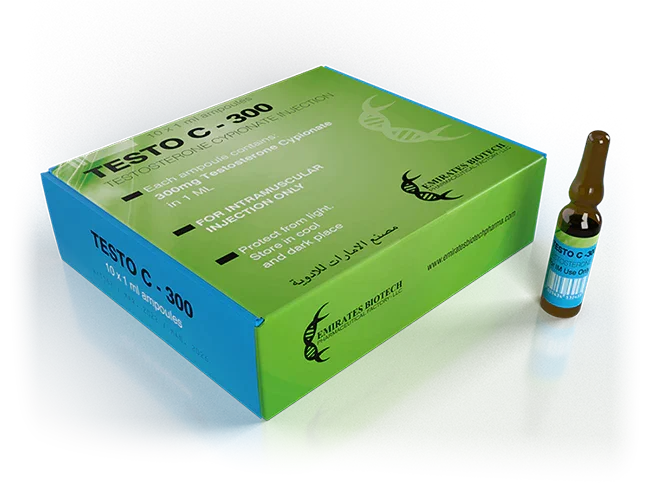 Caja y ampolla de Testo C-300, suplemento farmacológico para culturismo y alto rendimiento