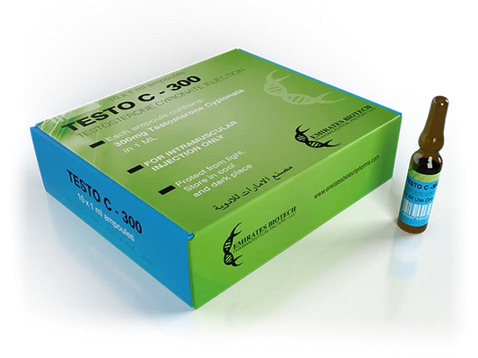 Caja y ampolla de Testo C-300, suplemento farmacológico para culturismo y alto rendimiento
