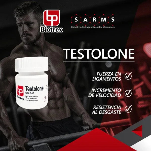 Frasco de Testolone RAD-140 Biotrex destacado junto a atleta musculoso en gimnasio, beneficios fitness enlistados.