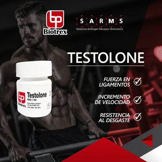 Frasco de Testolone RAD-140 Biotrex destacado junto a atleta musculoso en gimnasio, beneficios fitness enlistados.
