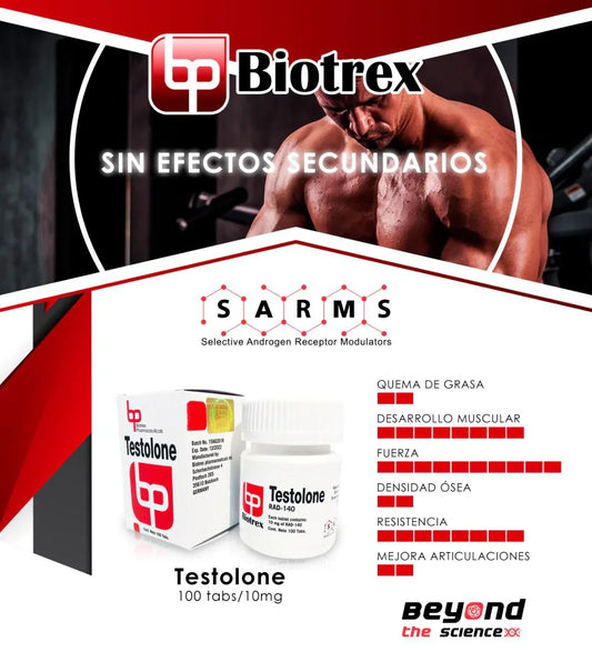 Envase de Testolone RAD-140 Biotrex para desarrollo muscular, fuerza y quema de grasa.