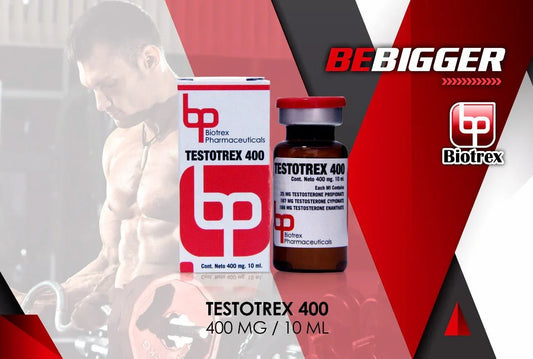 Frasco y caja de Testotrex 400 Biotrex, suplemento deportivo para culturismo, 400 mg/10 ml.