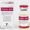 Frasco y caja de Testex 400, suplemento inyectable de testosterona para culturismo y fitness.