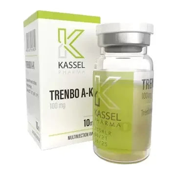 Vial y caja de solución inyectable Kassel Pharma, 100 mg, suplemento para culturismo.