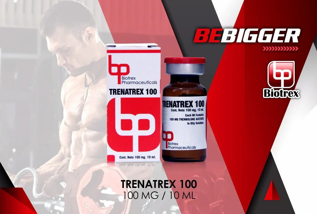 Frasco y caja de Trenatrex 100 mg, suplemento para culturismo y rendimiento deportivo.