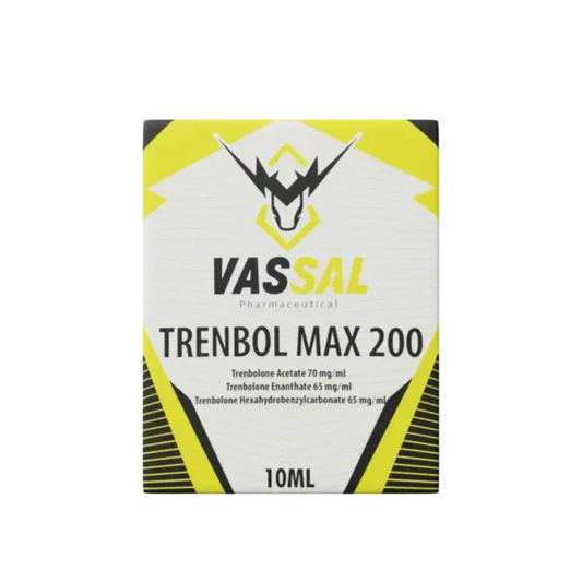 Caja de Trenbol Max 200 de 10ml con diseí±o amarillo y negro, suplemento para culturismo
