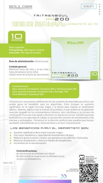 Folleto informativo de Tritrenboul 200, suplemento inyectable para culturismo y alto rendimiento, con dosis y beneficios destacados.