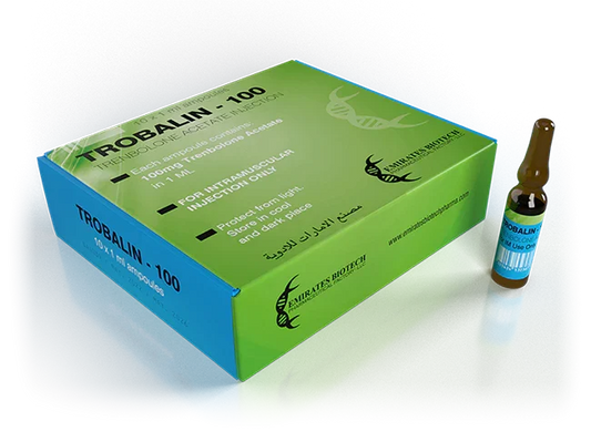 Caja y ampolla de Trobalin-100, suplemento farmacológico inyectable para culturismo y fitness.