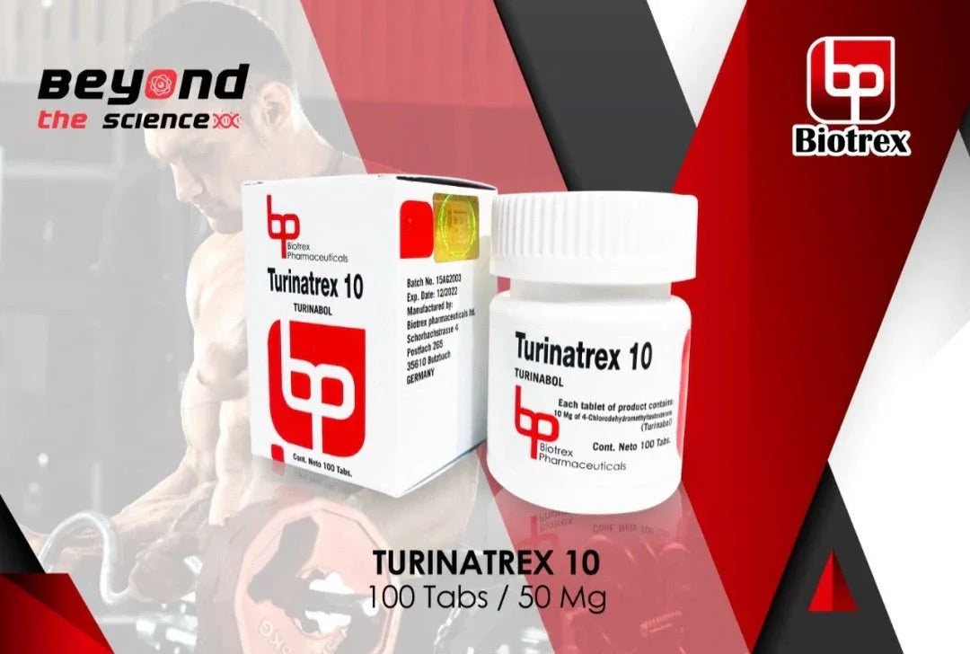 Envase y caja de Turinatrex 10 tabletas 50 mg suplemento para culturismo y alto rendimiento