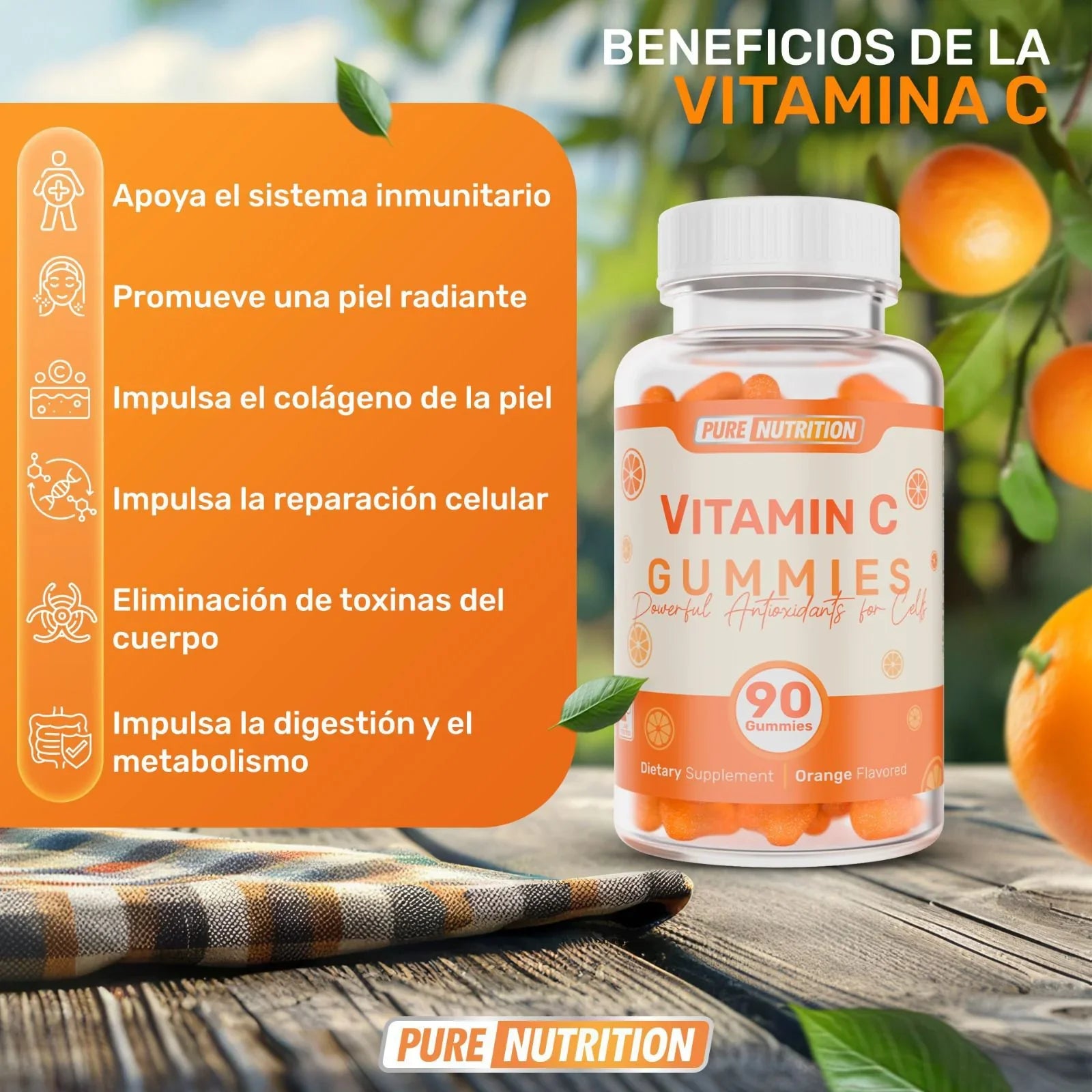Frasco de gomitas de vitamina C Pure Nutrition sobre mesa con beneficios destacados y naranjas de fondo
