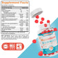 Gomitas multivitamí­nicas rojas en frasco transparente, suplemento para fitness y salud.