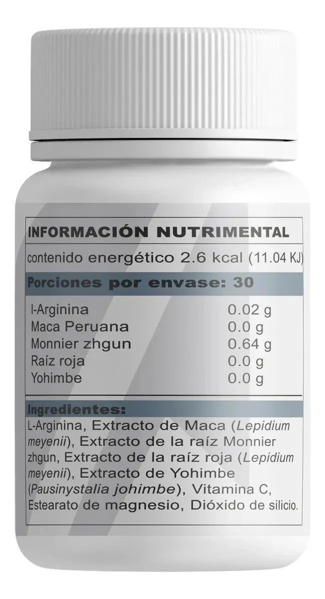 Frasco de suplemento deportivo con etiqueta de ingredientes como maca, arginina y yohimbe.