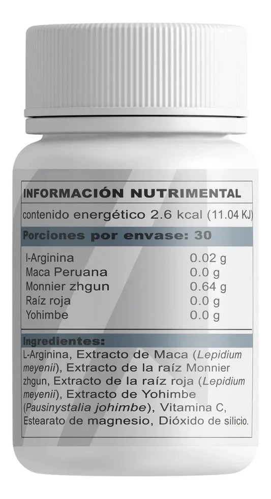 Frasco de suplemento deportivo con etiqueta de ingredientes como maca, arginina y yohimbe.