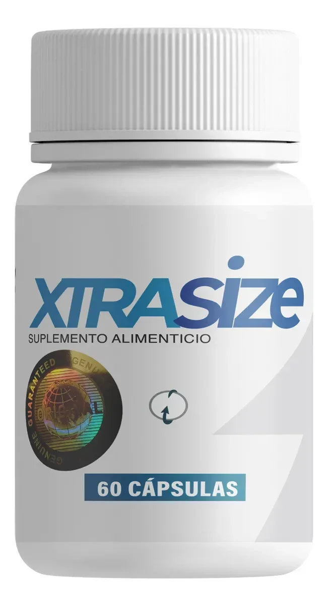 Frasco de suplemento alimenticio Xtrasize con 60 cápsulas para culturismo y fitness.