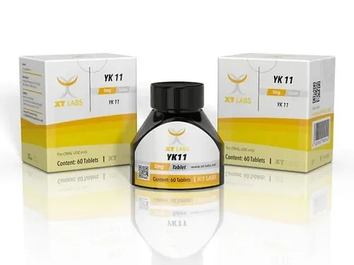 Frasco y cajas de tabletas YK11 5mg XT Labs, suplemento deportivo para culturismo, 60 tabletas.