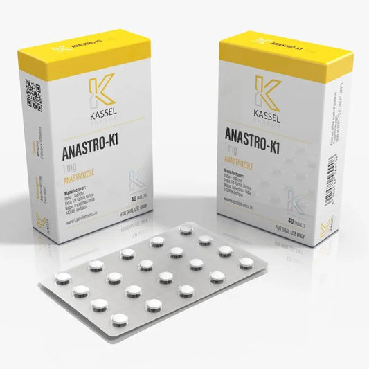 Cajas de Anastro-K1 1mg con tableta visible, suplemento para control hormonal fitness.