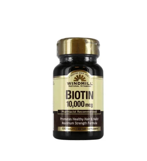 Frasco de suplemento de biotina 10,000 mcg para cabello y uí±as saludables