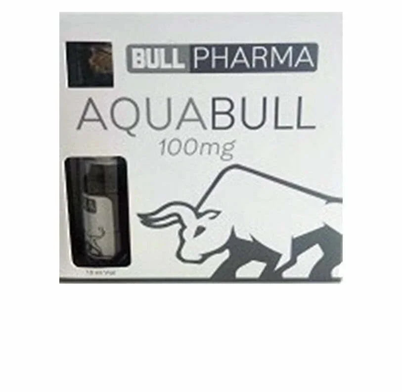 Caja de Bull Pharma Aquabull 100mg suplemento deportivo, diseí±o con toro y vial visible