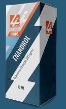 Caja de ENANDROL 10 ml, suplemento lí­quido para volumen y rendimiento deportivo, fondo azul.