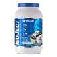 Proteí­na whey aislada sabor cookies and cream en envase azul, suplemento deportivo.