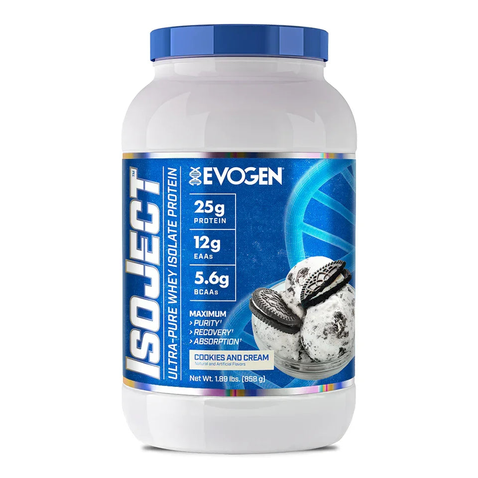 Proteí­na whey aislada sabor cookies and cream en envase azul, suplemento deportivo.