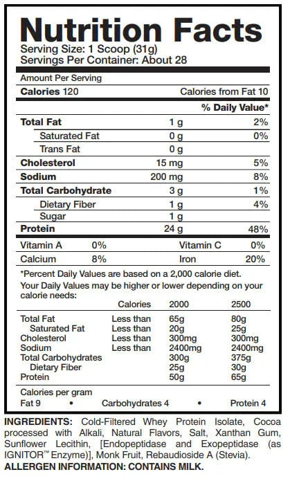 Tabla nutricional de suplemento de proteí­na en polvo, 24 g de proteí­na por porción, ingredientes y alérgenos visibles.