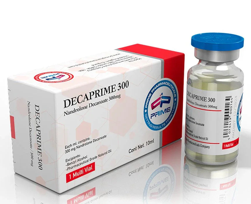 Caja y frasco de Decaprime 300, nandro de 300mg, suplemento para culturismo y fitness