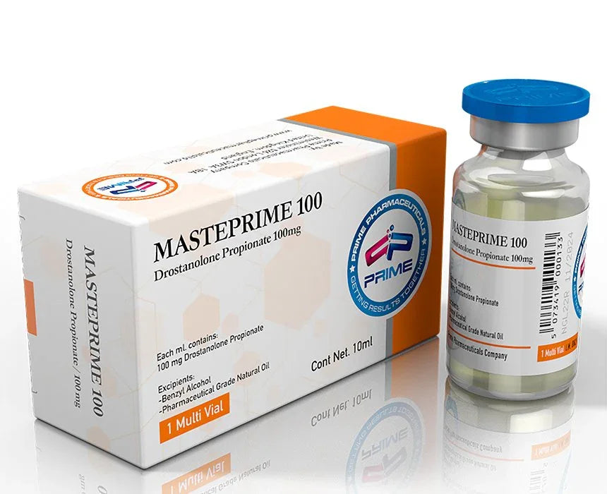 Caja y frasco de Masteprime 100, suplemento de Drostanolone Propionate para fitness y alto rendimiento.