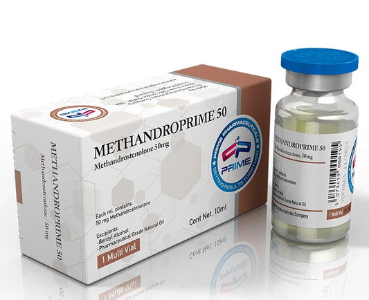 Caja y vial de Methandroprime 50, suplemento lí­quido para aumento muscular de alto rendimiento